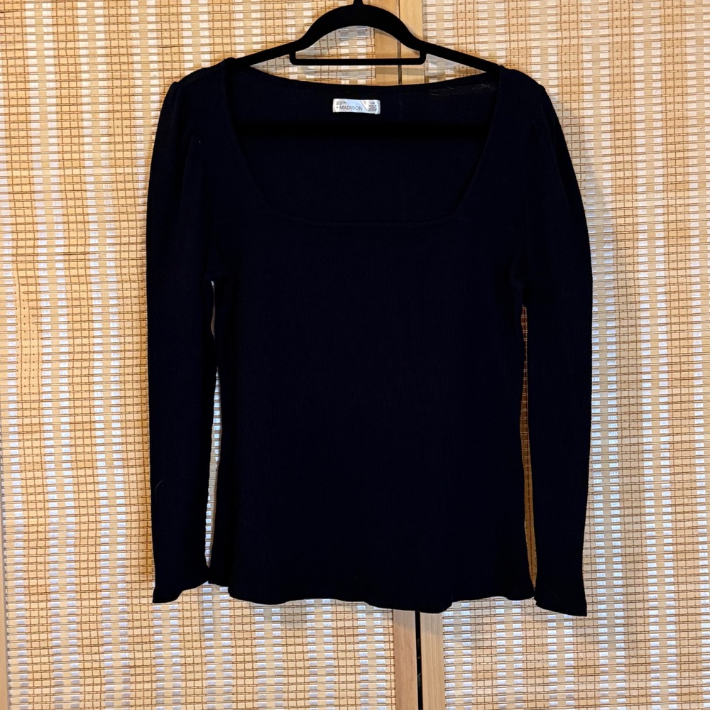 89th + Madison Womens Black Ribbed Waffle Knit Square Neck‎ Long Sleeve Top L